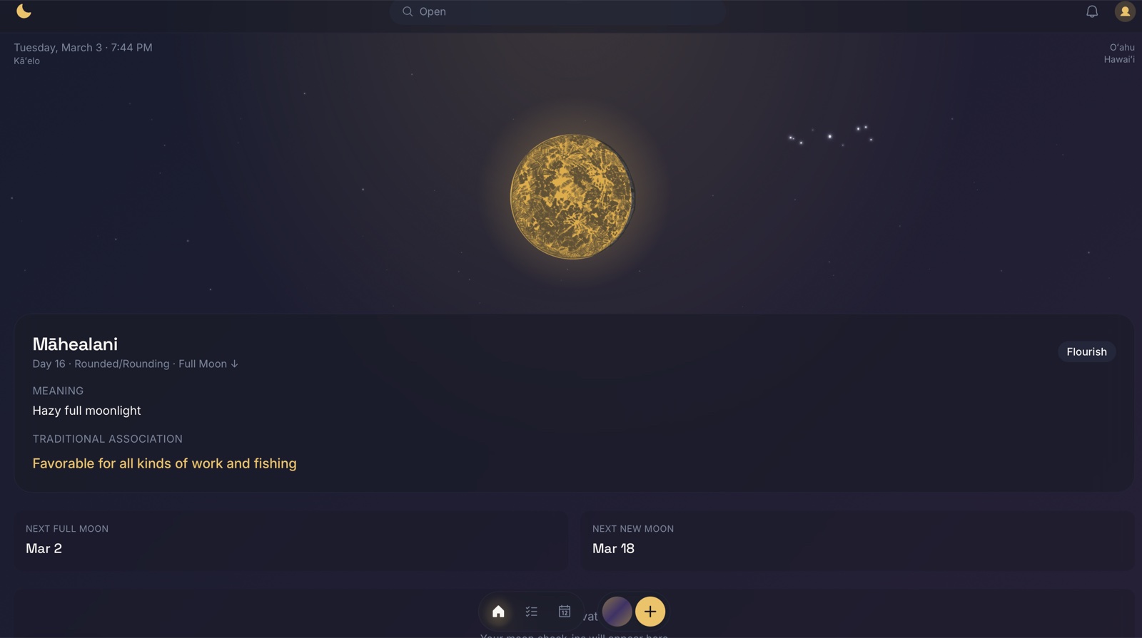 iMahina app showing the Māhealani full moon: a golden moon against a deep purple sky, with lunar context displayed alongside.
